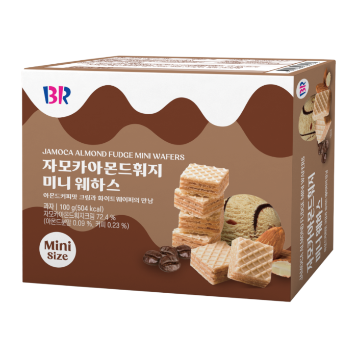 Front of Baskin Robbins Jamoca Almond Fudge Mini Wafers box, showcasing the brand logo, product name, and appealing imagery of crunchy wafers (100g pack)