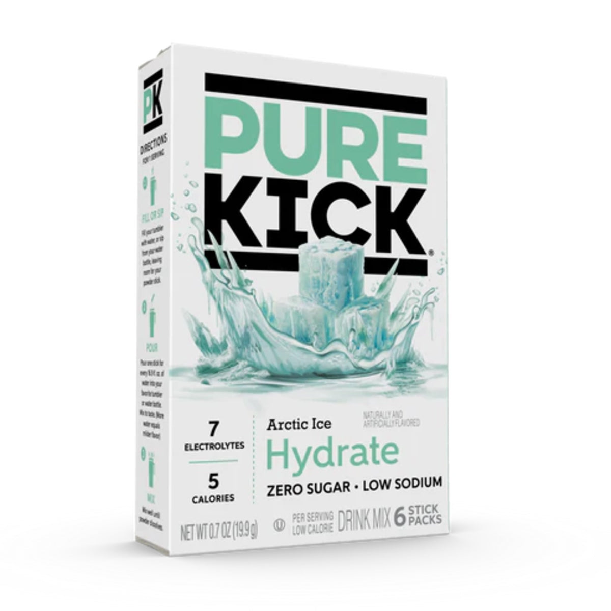 Front of Pure Kick Arctic Ice Singles to Go pack featuring bold branding, icy imagery, and drink mix details (19.9g pack)