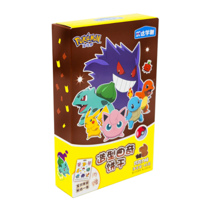 Front of Pokemon Filled Biscuit Chocolate box showing colourfully illustrated Pokemon characters and chocolate biscuit label (45g pack)