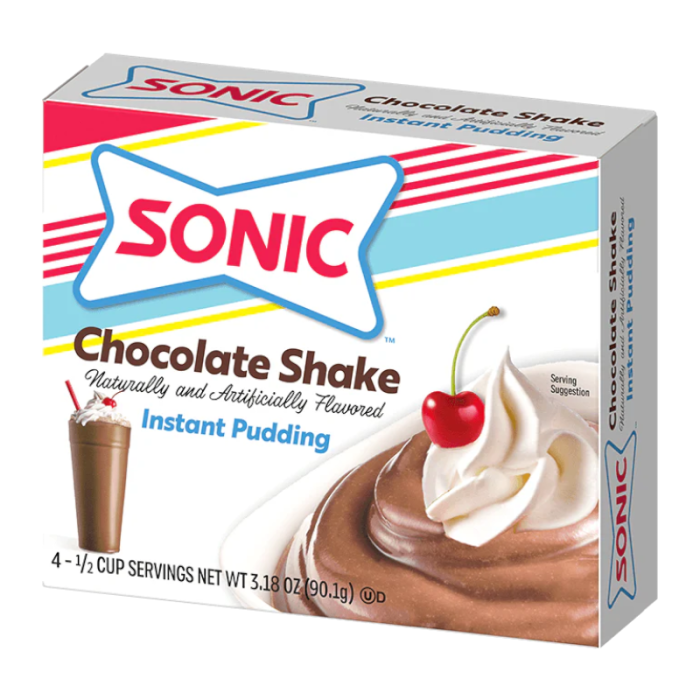 Front of Sonic Chocolate Shake Instant Pudding box showing logo, chocolate shake flavour, and creamy pudding with cherry on top (90.1g pack)