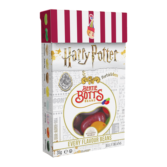 Front of Harry Potter Bertie Bott's Every Flavour Beans box featuring colourful jelly beans, iconic logo, and 35g pack size.
