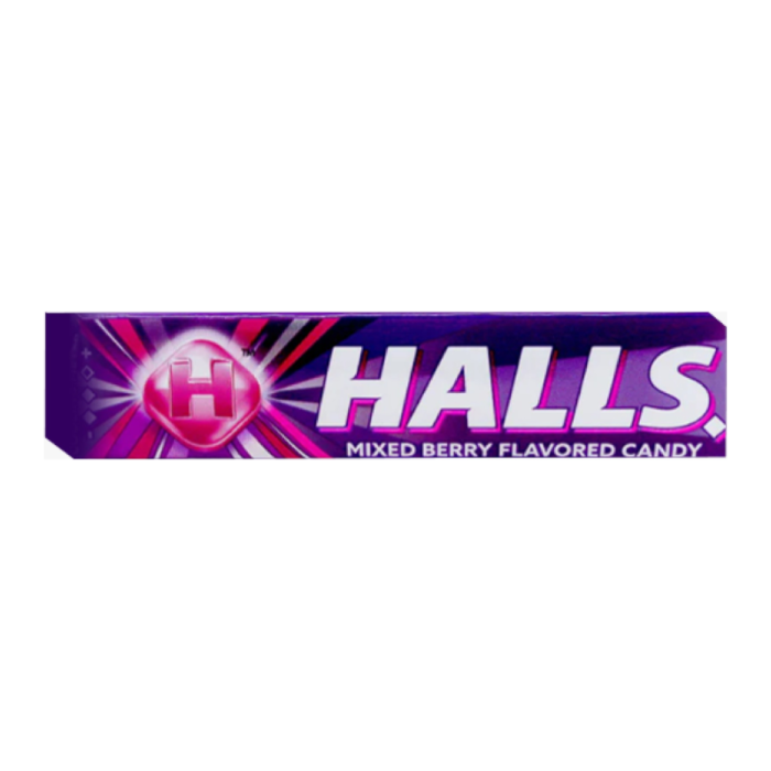 Front of HALLS Fresh Candy Roll Mixed Berry pack showing vibrant design with logo and flavour details (33g)