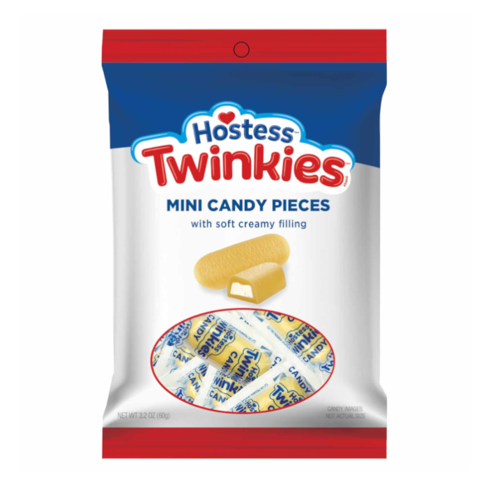 Front of Hostess Twinkies Mini Candy Bag showing logo, with soft creamy filling, and pack size (91g)