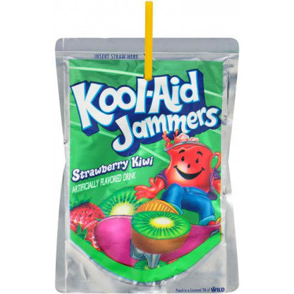 Front of Kool Aid Jammers Strawberry Kiwi pouch featuring bold logo, vibrant imagery of strawberry and kiwi, and 177ml pack size.
