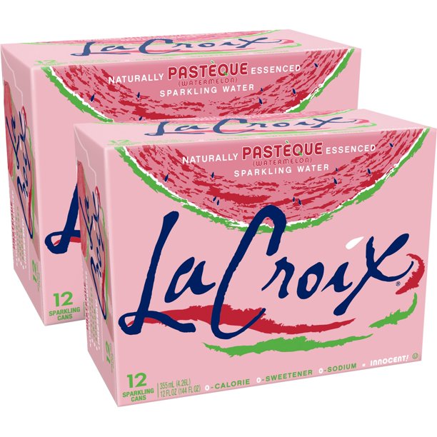 Front of La Croix Pasteque (Watermelon) box showing the logo, watermelon image, and pack size (case of 24 cans, 355ml each)