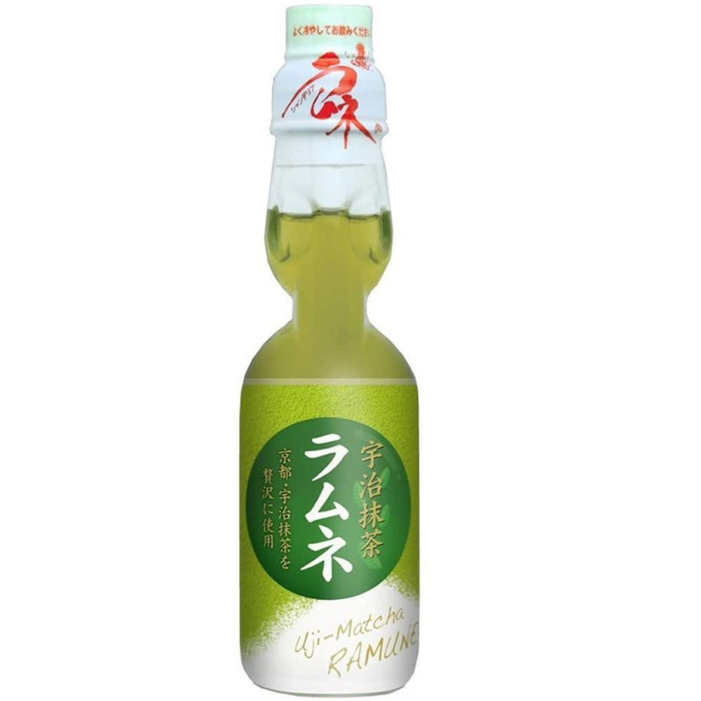 Front of Hata Ramune Matcha bottle featuring a green label with matcha flavour text and 200ml size indication.