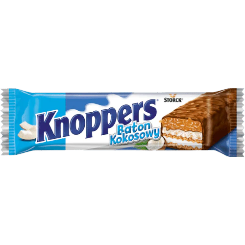 Front of Knoppers Coconut Bar showing the logo, coconut flavour label, and chocolate-coated wafer bar (40g pack)
