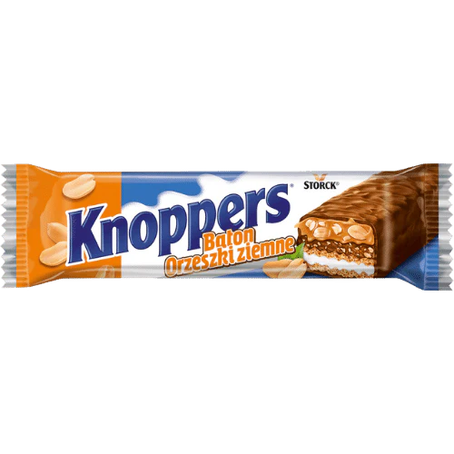 Front of Knoppers Peanut Bar showing logo, image of bar with peanuts, and 40g pack size