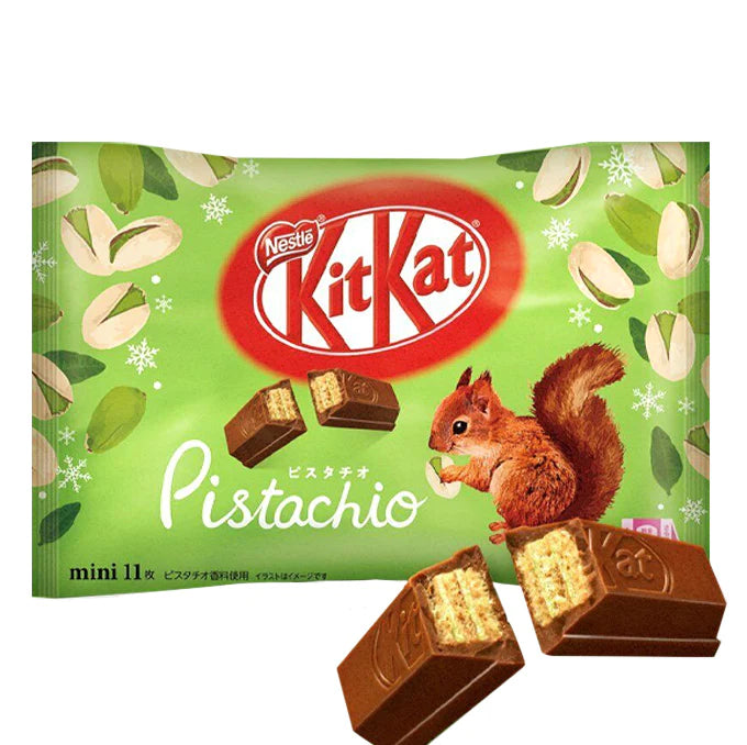 Front of Kit Kat Mini Pistachio pack showcasing the logo, green background, pistachio imagery, and 116g pack size.