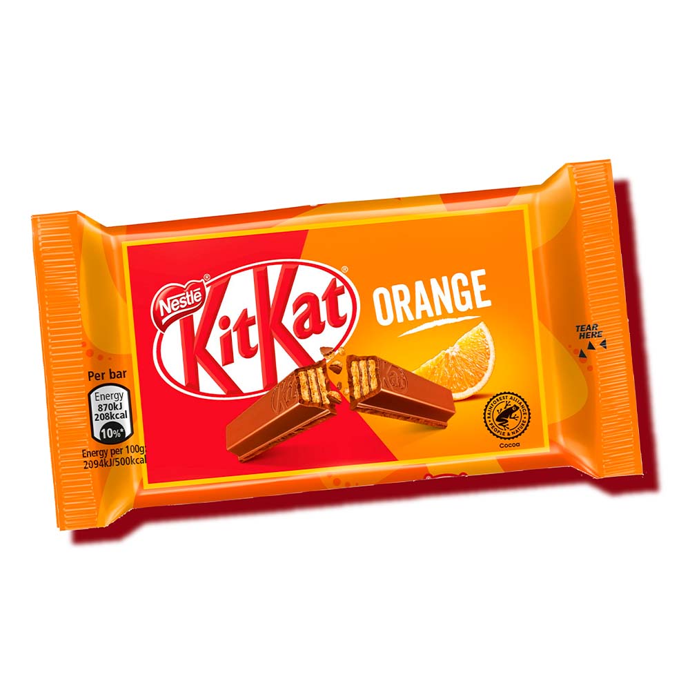 Front of Kit Kat Limited Edition Orange package showing the Kit Kat logo, orange flavour label, and an image of a broken bar with orange segments (41.5g pack)