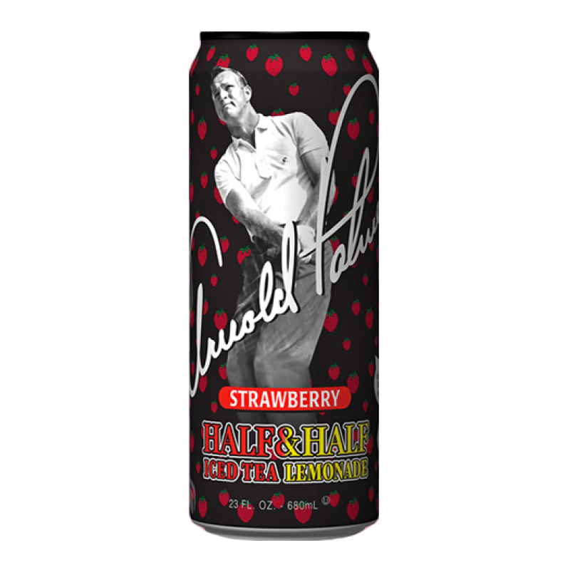 Front of AriZona Arnold Palmer Strawberry Half & Half Iced Tea Lemonade can showing a blend of strawberry and iced tea lemonade flavour, 650ml pack