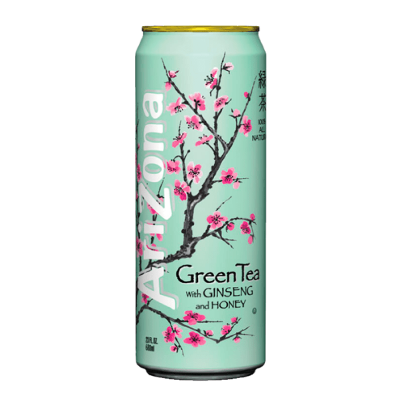 Front of AriZona Green Tea with Ginseng and Honey can featuring a light green background, floral design, and product details (650ml pack)