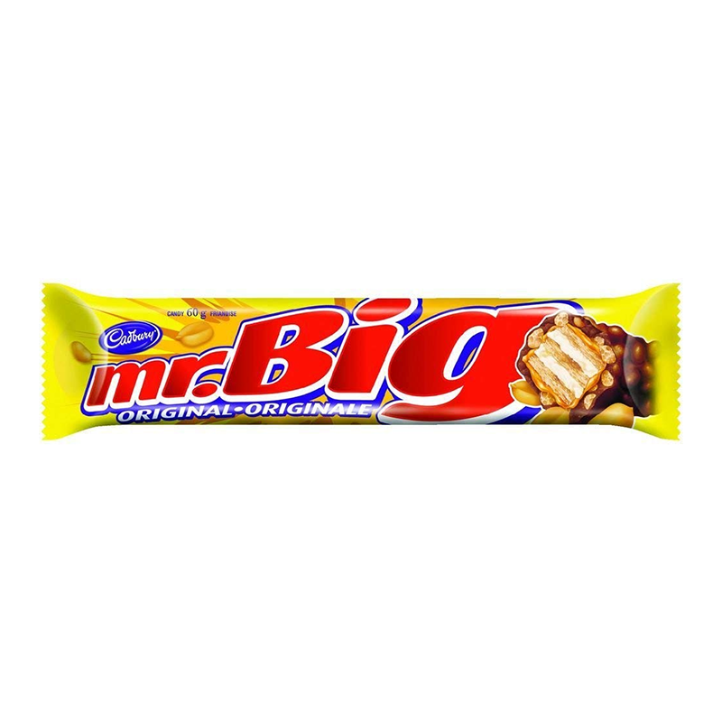 Front of Cadbury Mr Big chocolate bar showing logo, colourful packaging, and a picture of the chocolate with wafer and caramel (50g pack)