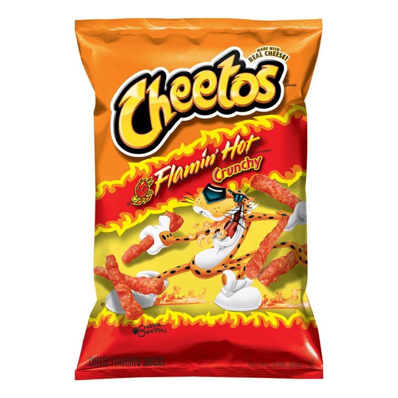 Front of Cheetos Crunchy Flamin' Hot bag showing the logo, fiery red and yellow design, and iconic cheese-flavoured puffs (226g pack)