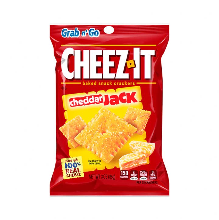 Front of Cheez It Cheddar Jack bag showing bold logo, cheddar jack flavour label, and image of baked snack crackers (85g pack)