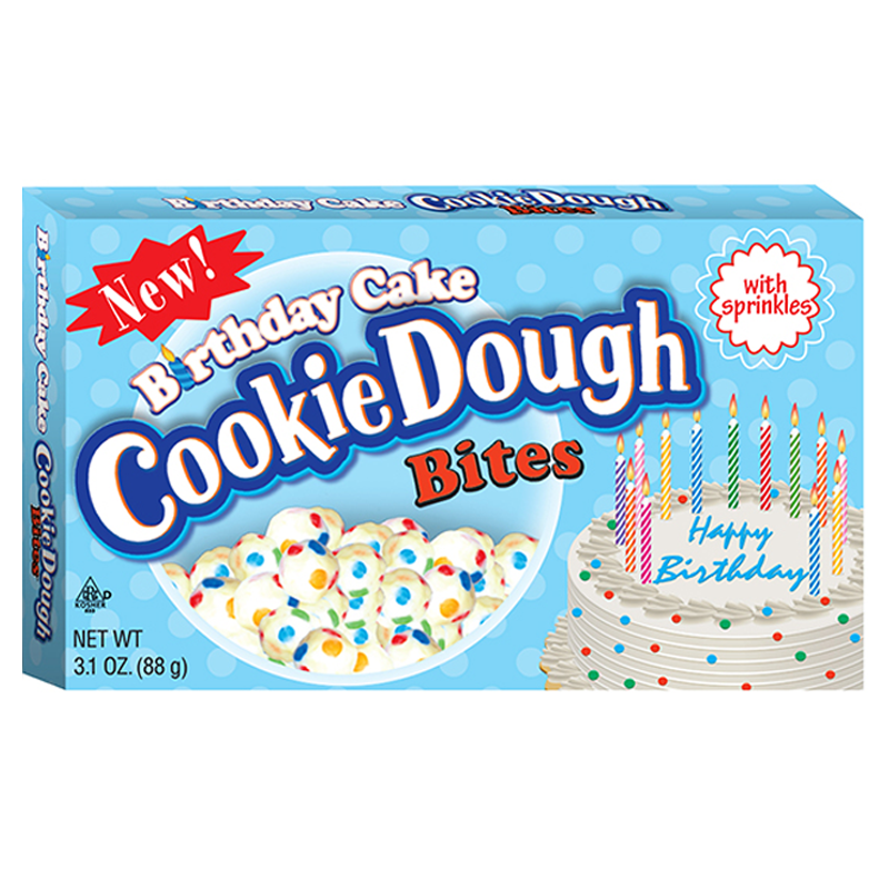 Front of Cookie Dough Bites Birthday Cake Theatre Box showing the product title, festive sprinkles, and birthday cake design (88g pack)