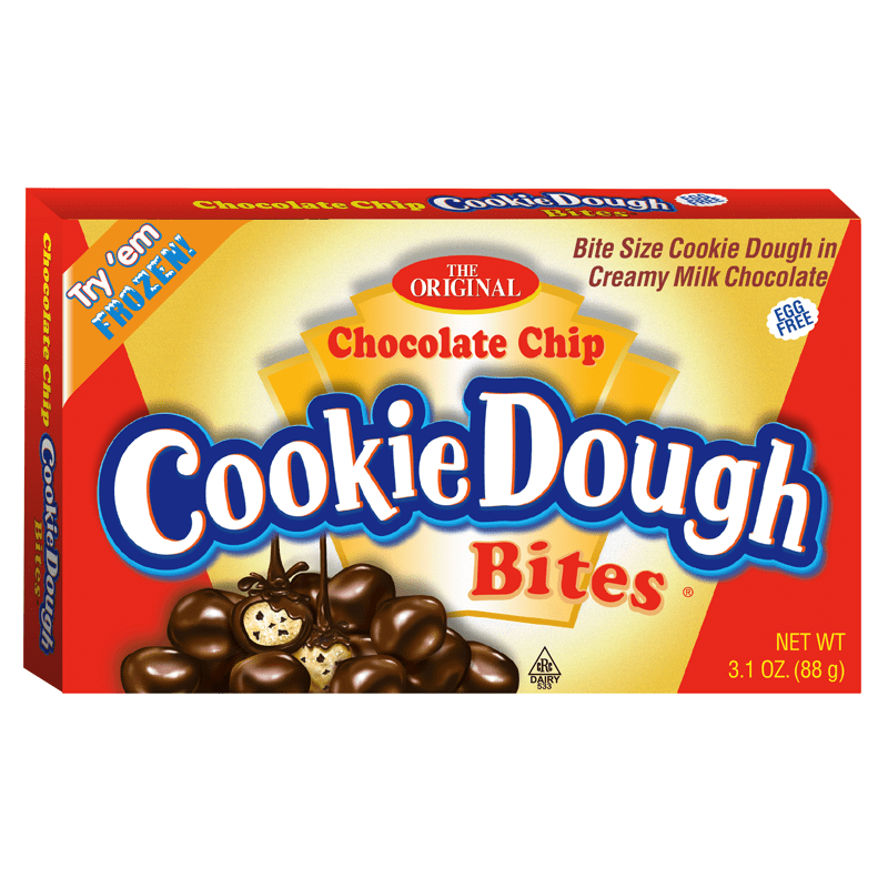 Front of Cookie Dough Bites Chocolate Chip Theatre Box showing bright packaging, logo, and bite-sized cookie dough pieces in creamy milk chocolate (88g pack)