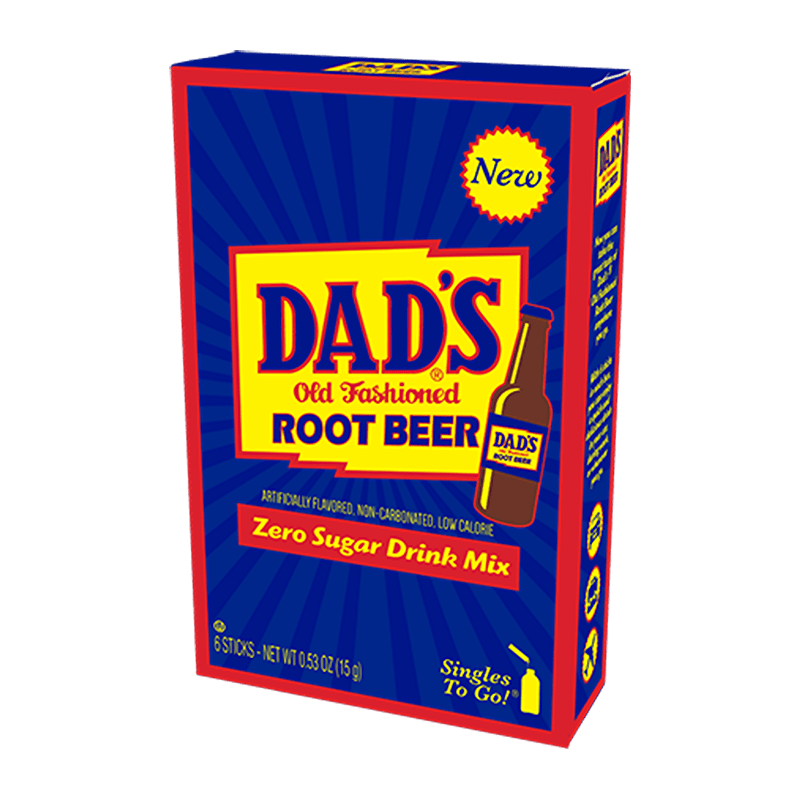 Front of Dad's Old Fashioned Root Beer Drink Mix Singles To Go box showing bright blue and yellow branding, zero sugar label, and image of a root beer bottle (15g pack)