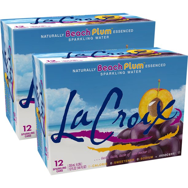 Front of La Croix Beach Plum sparkling water case showing brand name, beach plum flavour, and pack size of 24 cans (355ml each)