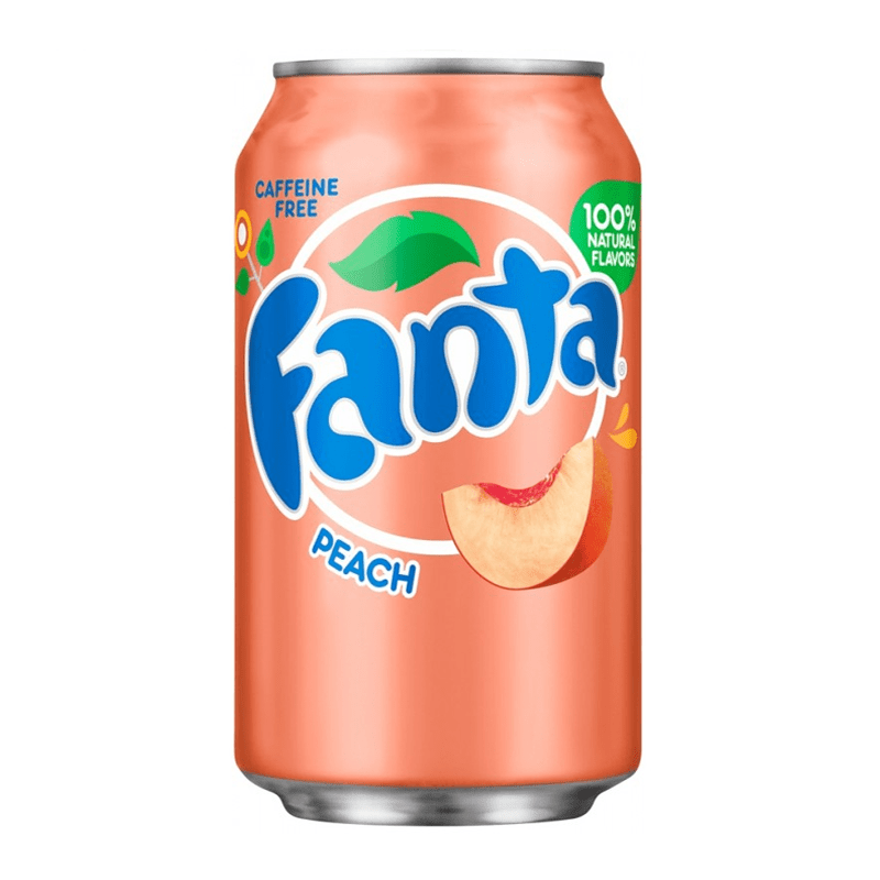 Front of Fanta Peach can showing bright orange design with logo, peach flavour label, and image of a peach slice (355ml can)