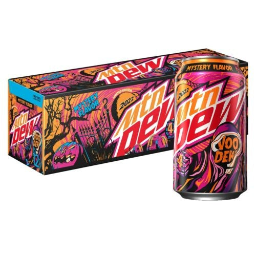 Front of Mountain Dew VooDew Mystery Flavour Limited Edition case showing vibrant graphics, logo, and cans (12 x 355ml)