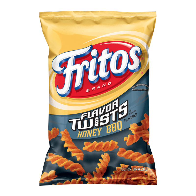 Front of Fritos Honey BBQ Twists bag featuring the Fritos logo, honey BBQ flavour label, and a visual of twisted corn snacks (283g pack)