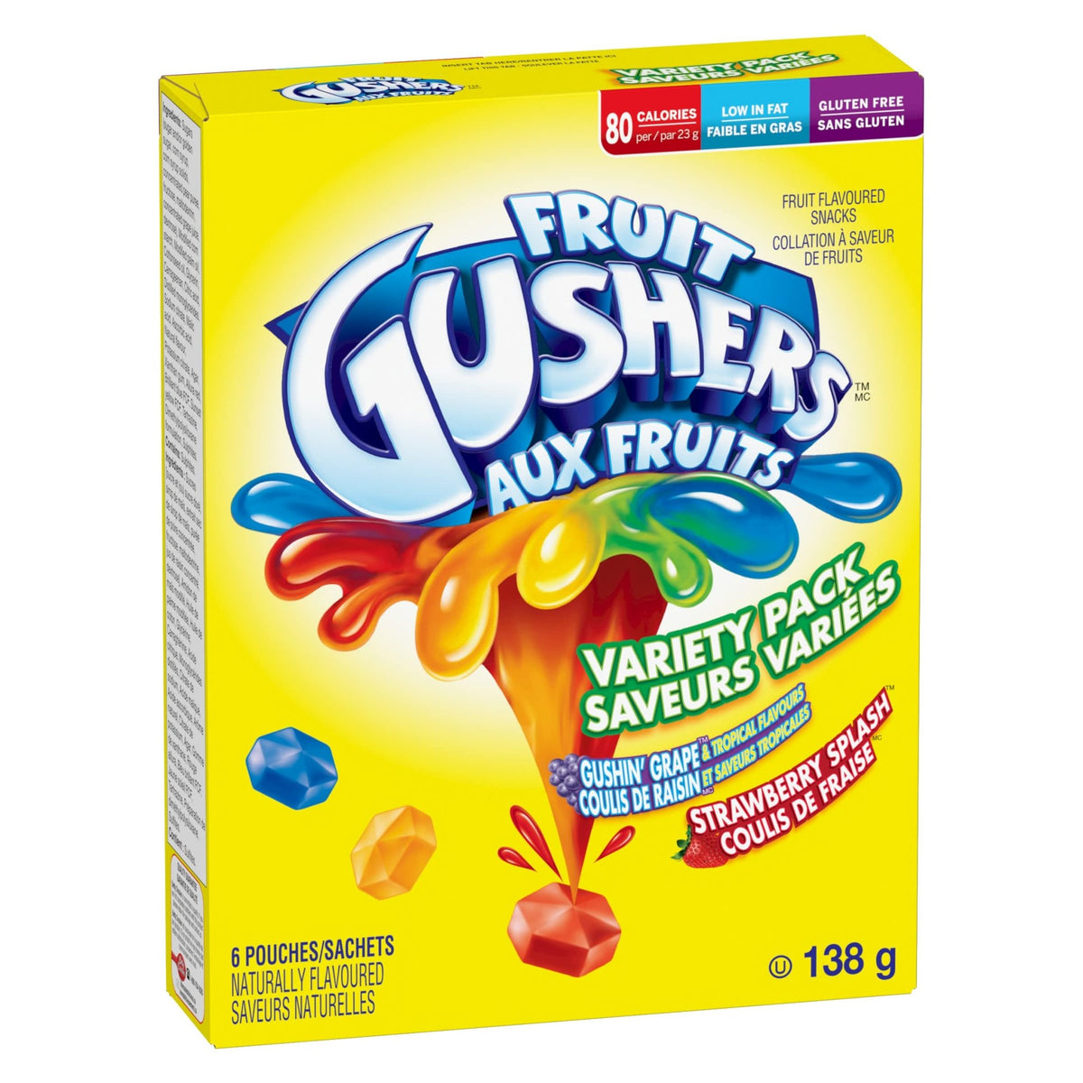 Front of Fruit Gushers Variety Pack showing colourful logo, assorted fruit flavours, and 138g pack size with 6 pouches.