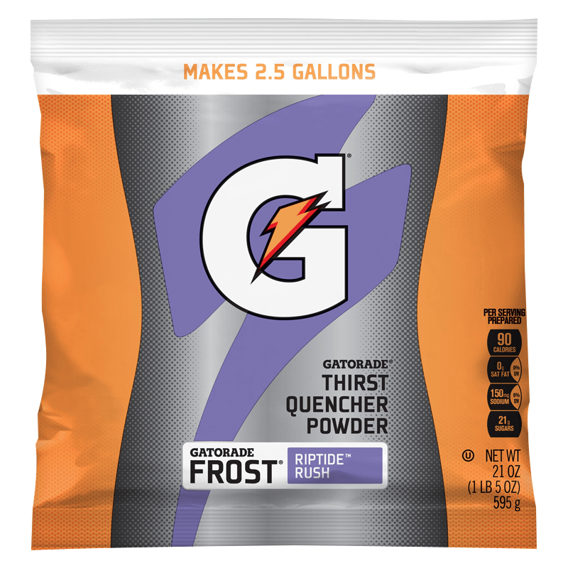 Front of Gatorade Frost Riptide Rush Instant Powder Mix showing logo, flavour label, and details for making 9.5 litres (595g pack)