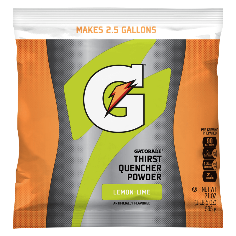 Front of Gatorade Lemon-Lime Instant Powder Mix bag showing bold logo, lemon-lime flavour label, and details of 595g pack that makes 9.5 litres.