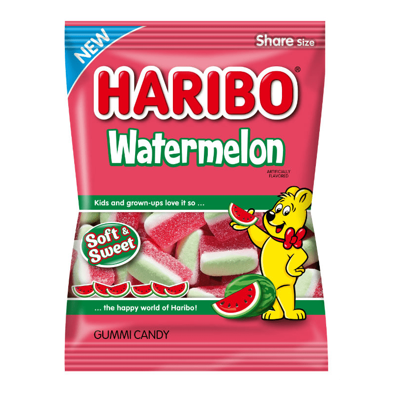 Front of Haribo Watermelon bag showcasing bold red logo, watermelon flavour label, and gummi candy pieces (113g pack)