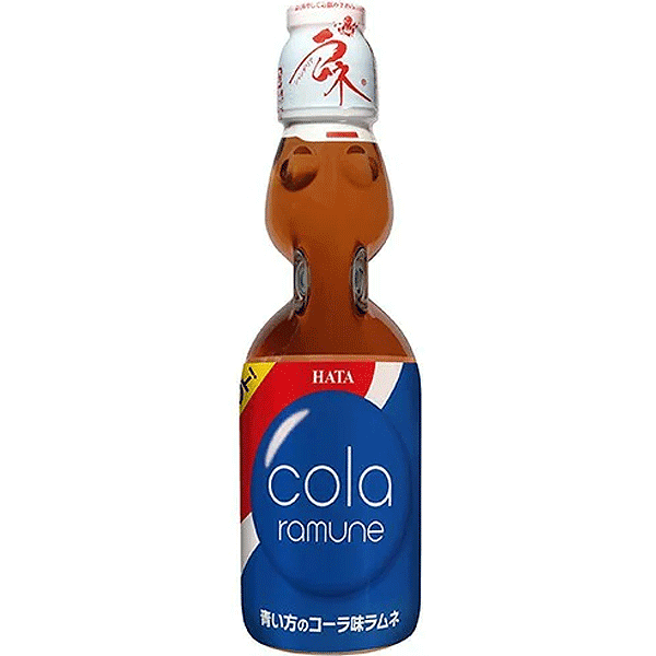 Front of Hata Ramune Cola bottle featuring bold blue and red label with cola flavour indication, 200ml pack size, and distinctive bottle shape.