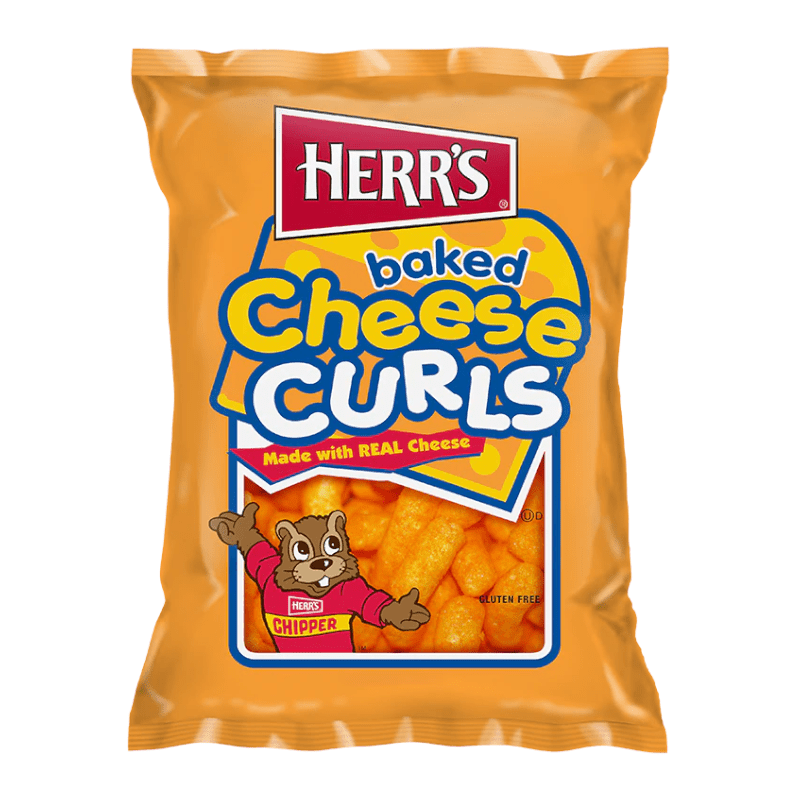 Front of Herr's Baked Cheese Curls bag featuring the logo, bright orange design, and image of cheesy curls (170g pack)