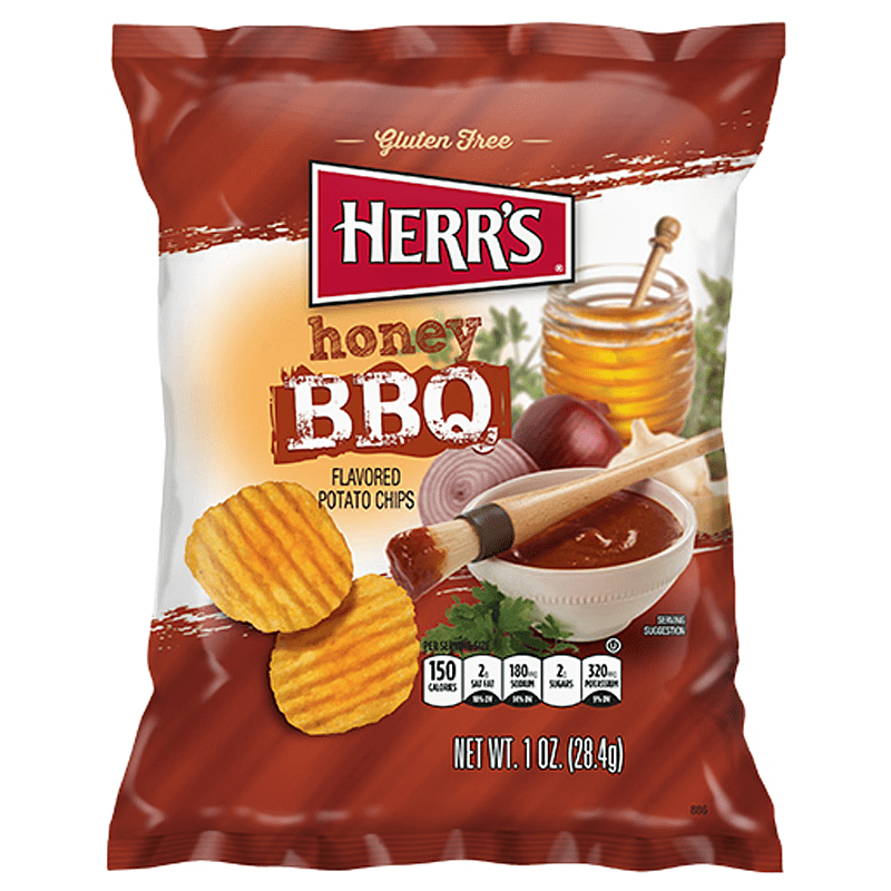 Front of Herr's Honey BBQ Potato Chips bag showing brand logo, honey BBQ flavour, and crunchy chip image (28.4g pack)