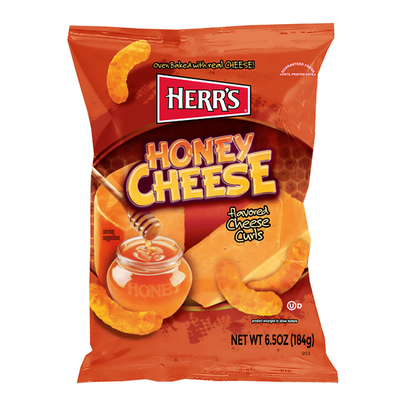Front of Herr's Honey Cheese Flavoured Curls bag displaying logo, honey cheese flavour, and pack size (170g)