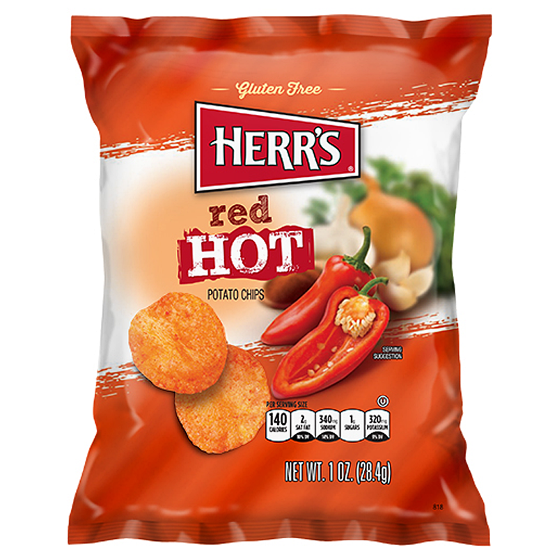 Front of Herr's Red Hot Potato Chips bag showing bold red and orange colours, red hot flavour label, and crispy chips (28.4g pack)