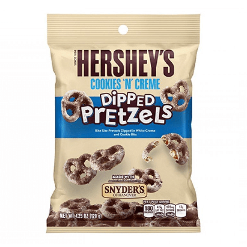 Front of Hershey's Cookies N Creme Dipped Pretzels bag showcasing the logo, pretzel pieces, and white chocolate coating (120g pack)
