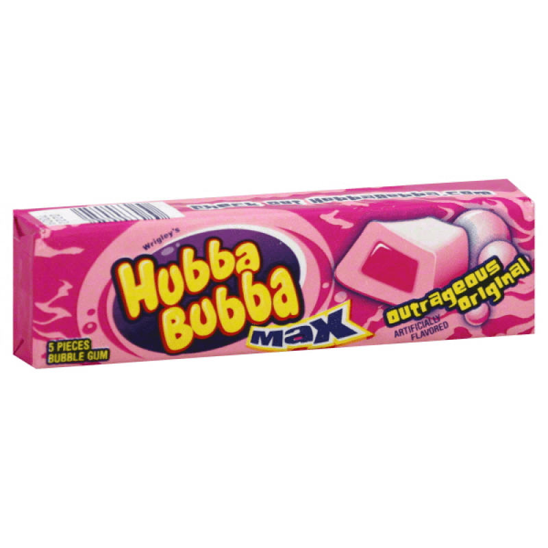 Front of Hubba Bubba Max Outrageous Original bubblegum pack showing pink design, logo, and 5 pieces of gum (70g)