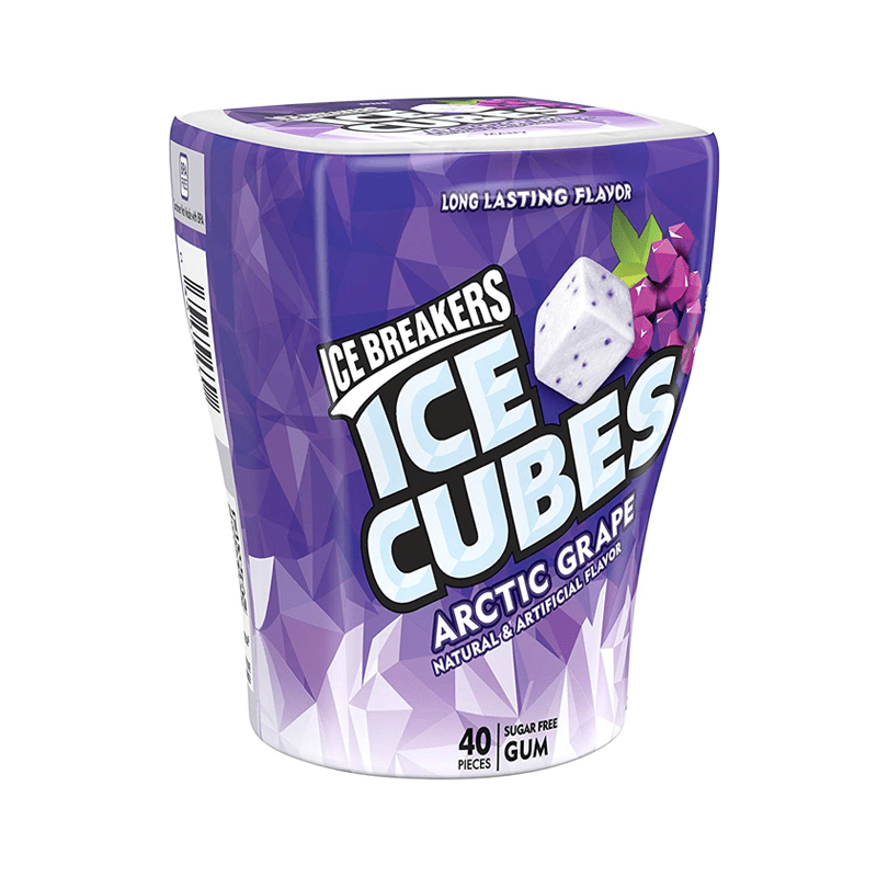 Front of Ice Breakers Ice Cubes Arctic Grape Gum tub showing purple design, grape flavour label, and 40 pieces (92g pack)
