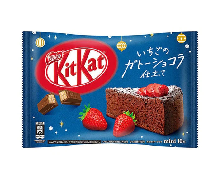 Front of Kit Kat Mini Strawberry Gateau (Japan) packaging featuring the logo, strawberry gateau image, and mini bars (116g pack)