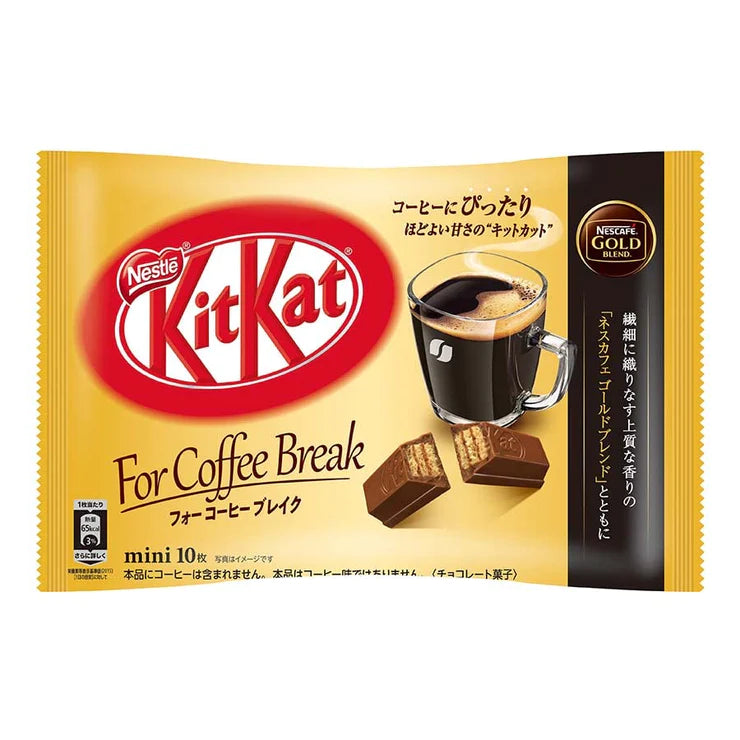 Front of Kit Kat Mini Coffee Break Nescafe Gold Blend packaging showing the Kit Kat logo, coffee imagery, and 116g product size