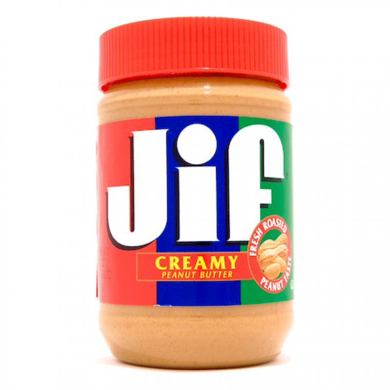 Front of Jif Creamy Peanut Butter jar showing the logo, creamy peanut butter label, and pack size of 454g.