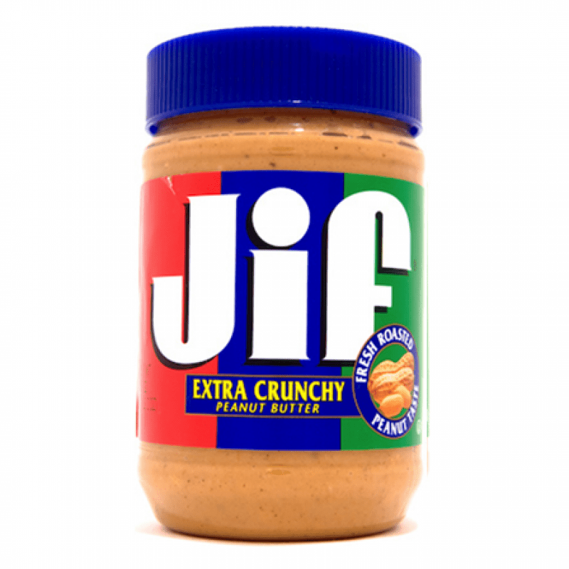 Front of Jif Extra Crunchy Peanut Butter jar showing the blue lid, colourful branding, and label details (454g pack)