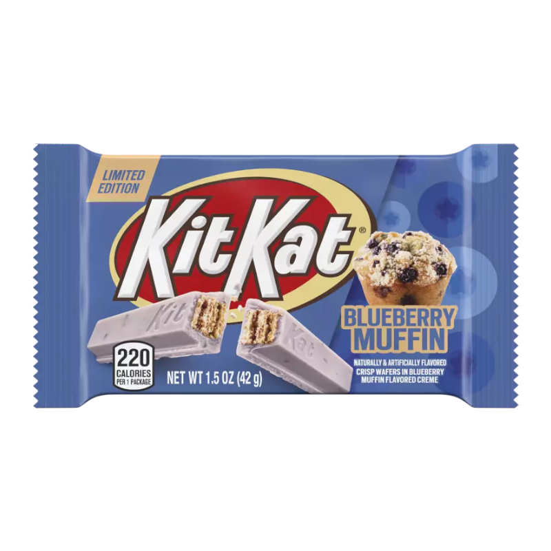 Front of Kit Kat Limited Edition Blueberry Muffin wrapper showing the brand logo, blueberry muffin flavour details, and 42g pack size