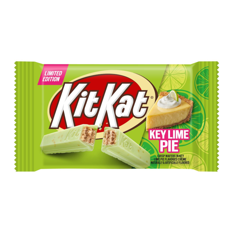 Front of Kit Kat Limited Edition Key Lime Pie packaging showing the logo, key lime pie flavour, and image of the product with a 42g label.