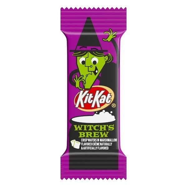 Front of Kit Kat Limited Edition Halloween Witch's Brew packaging showing a vibrant purple wrapper with a witch character and marshmallow flavour details (14g).