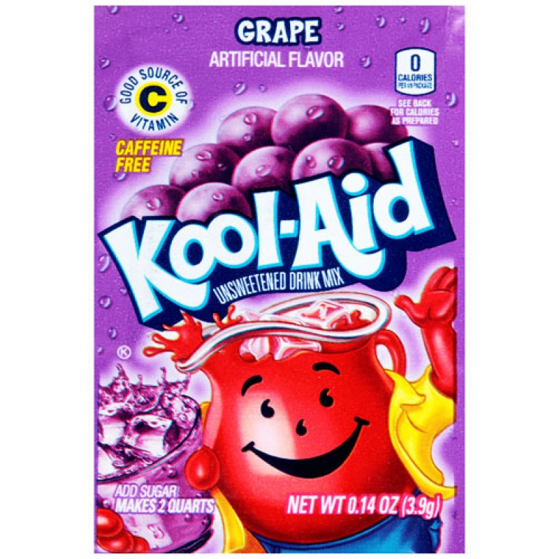 Front of Kool Aid Grape Drink Mix Sachet showing the bright purple packaging with grape flavour details and the product title (3.6g)