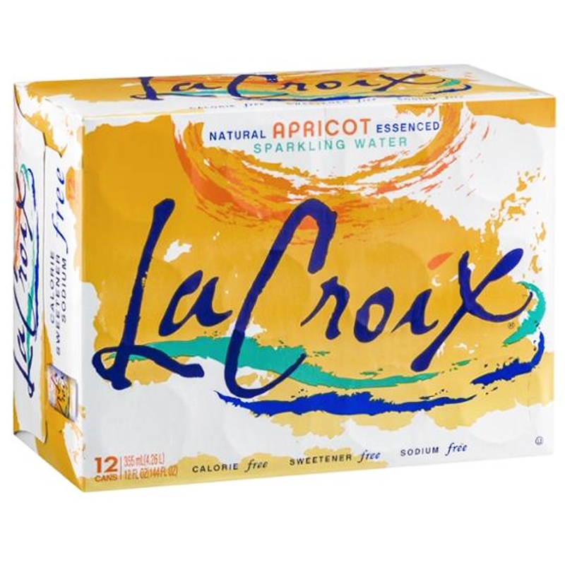 Front of La Croix Apricot case showing bold logo, natural apricot essence label, and 12 pack of sparkling water cans (355ml x12)