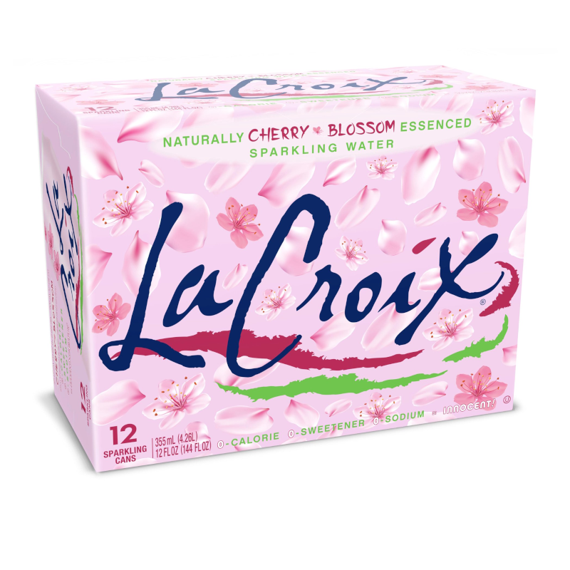 Front of La Croix Cherry Blossom sparkling water case showing brand logo, cherry blossom flavour, and pack size of 12 cans (355ml each)