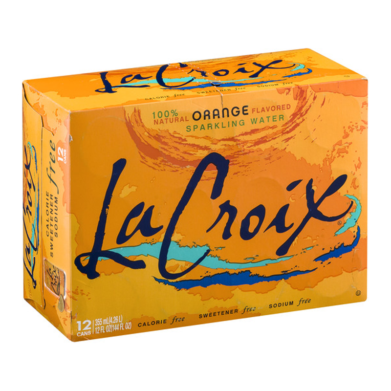 Front of La Croix Orange box showing colourful orange label, natural orange flavour text, and image of 12 cans (355ml x12)