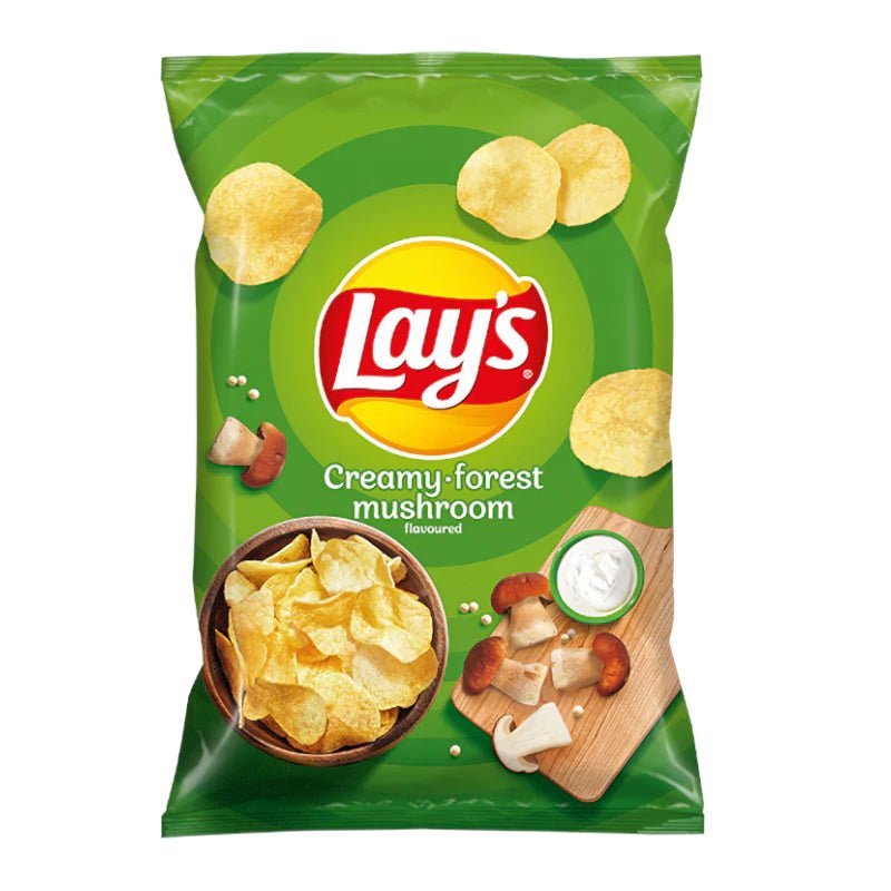 Front of Lay's Creamy Forest Mushroom bag showing logo, creamy forest mushroom flavour, and image of chips in a bowl (130g pack)